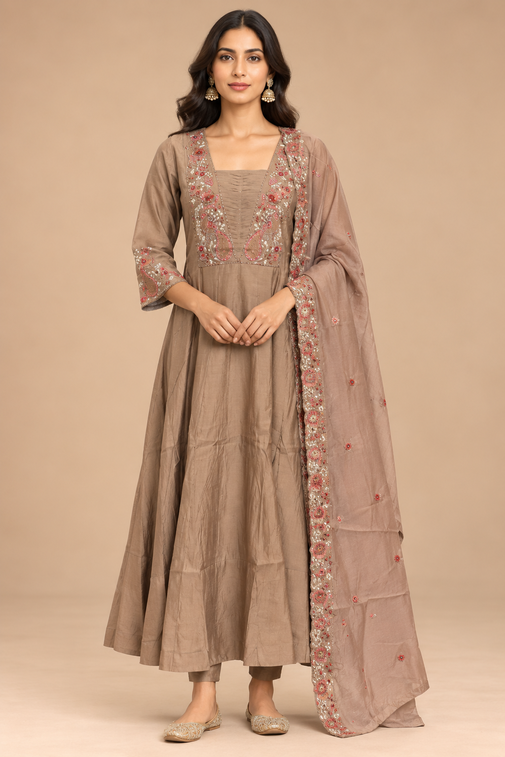 Embroidered Taupe Anarkali Suit Set with Dupatta